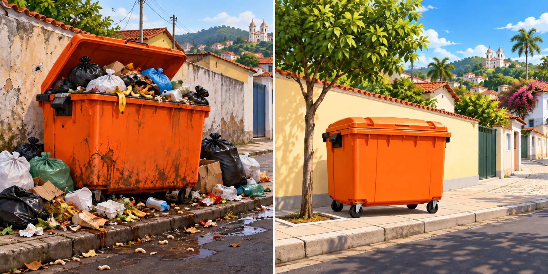 Comparação: à esquerda, contentor transbordando com lixo e larvas na calçada suja; à direita, contentor fechado em uma rua limpa.