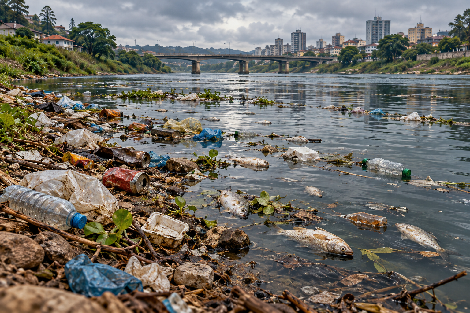 Ilustração de um rio contaminado por lixo, com embalagens e peixes mortos na água.